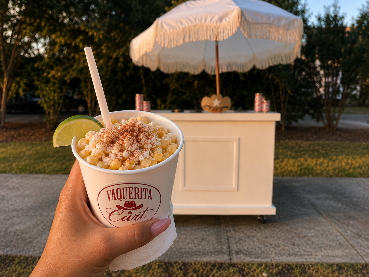 Elote in a Vaquerita Cart cup topped with cotija, chili and lime